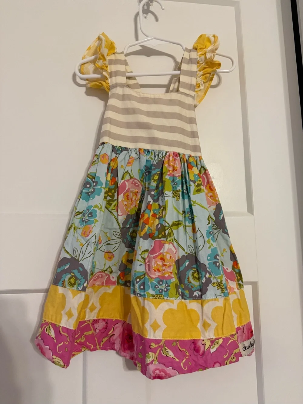 cheeky plum Yellow, Pink & Blue Floral Ruffle Dress 100% cotton made in USA